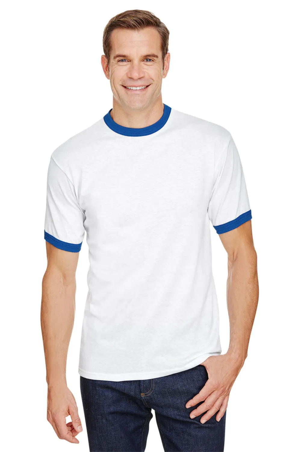 Augusta Sportswear Mens Ringer Short Sleeve Crewneck T-Shirt - White/Royal Blue