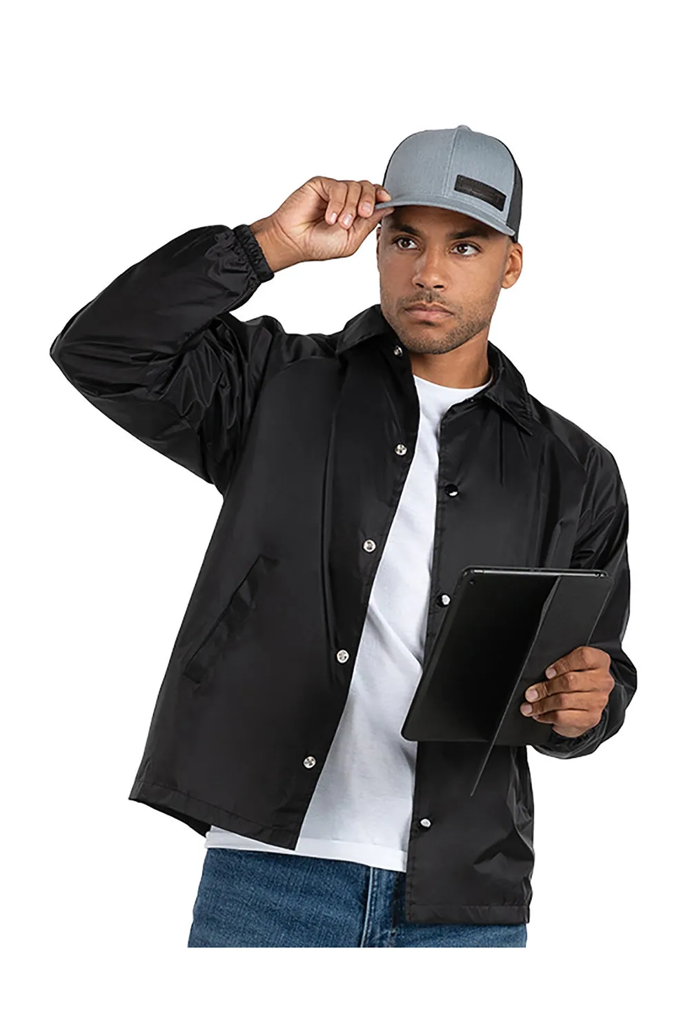 Augusta Sportswear Mens Water Resistant Snap Down Coaches Jacket - Black