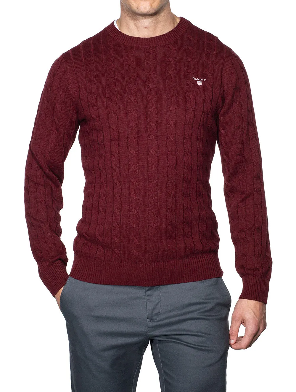 Cotton Cable Crew Neck Sweater Dark Burgundy Mel