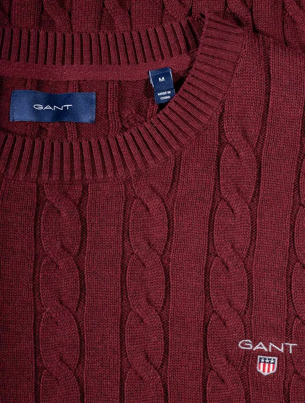 Cotton Cable Crew Neck Sweater Dark Burgundy Mel