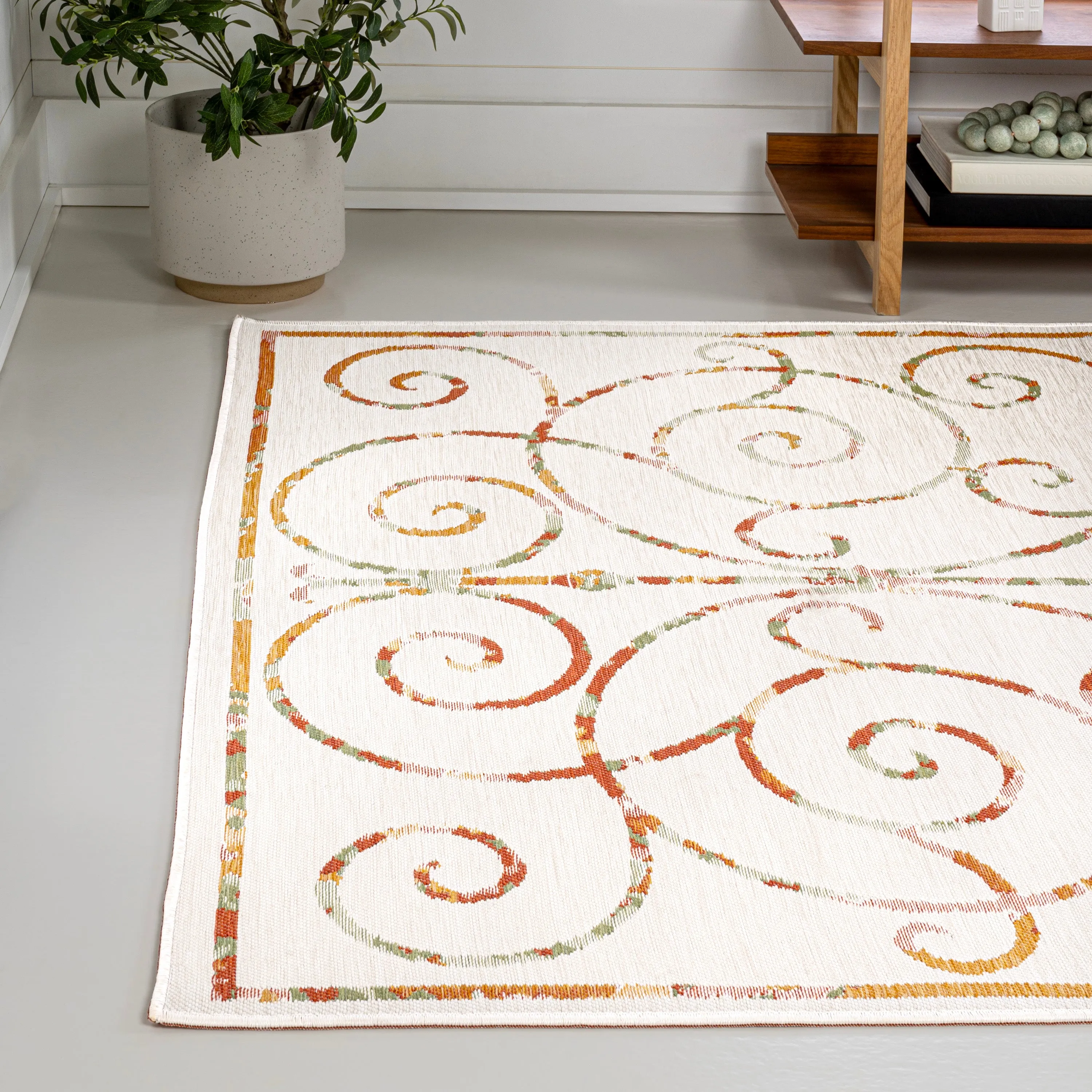 Danae Classic Cottage Filigree Scroll Reversible Machine-Washable Cream/Terra 5 ft. x 8 ft. Indoor/Outdoor Area Rug Jonathan Y Home