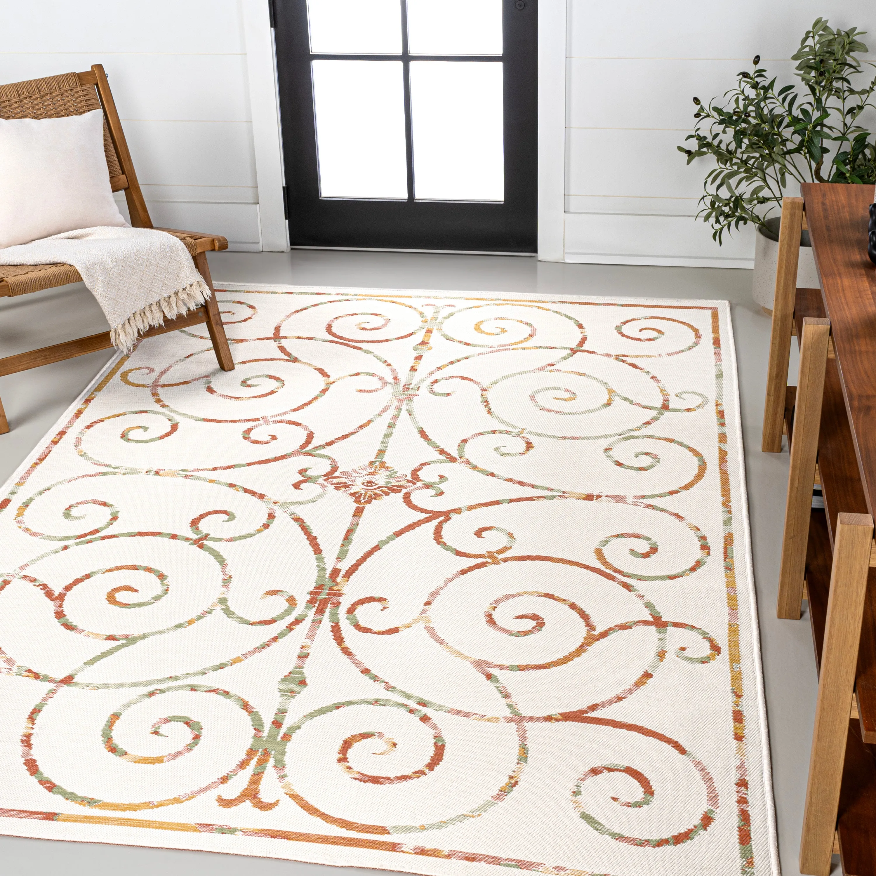 Danae Classic Cottage Filigree Scroll Reversible Machine-Washable Cream/Terra 5 ft. x 8 ft. Indoor/Outdoor Area Rug Jonathan Y Home
