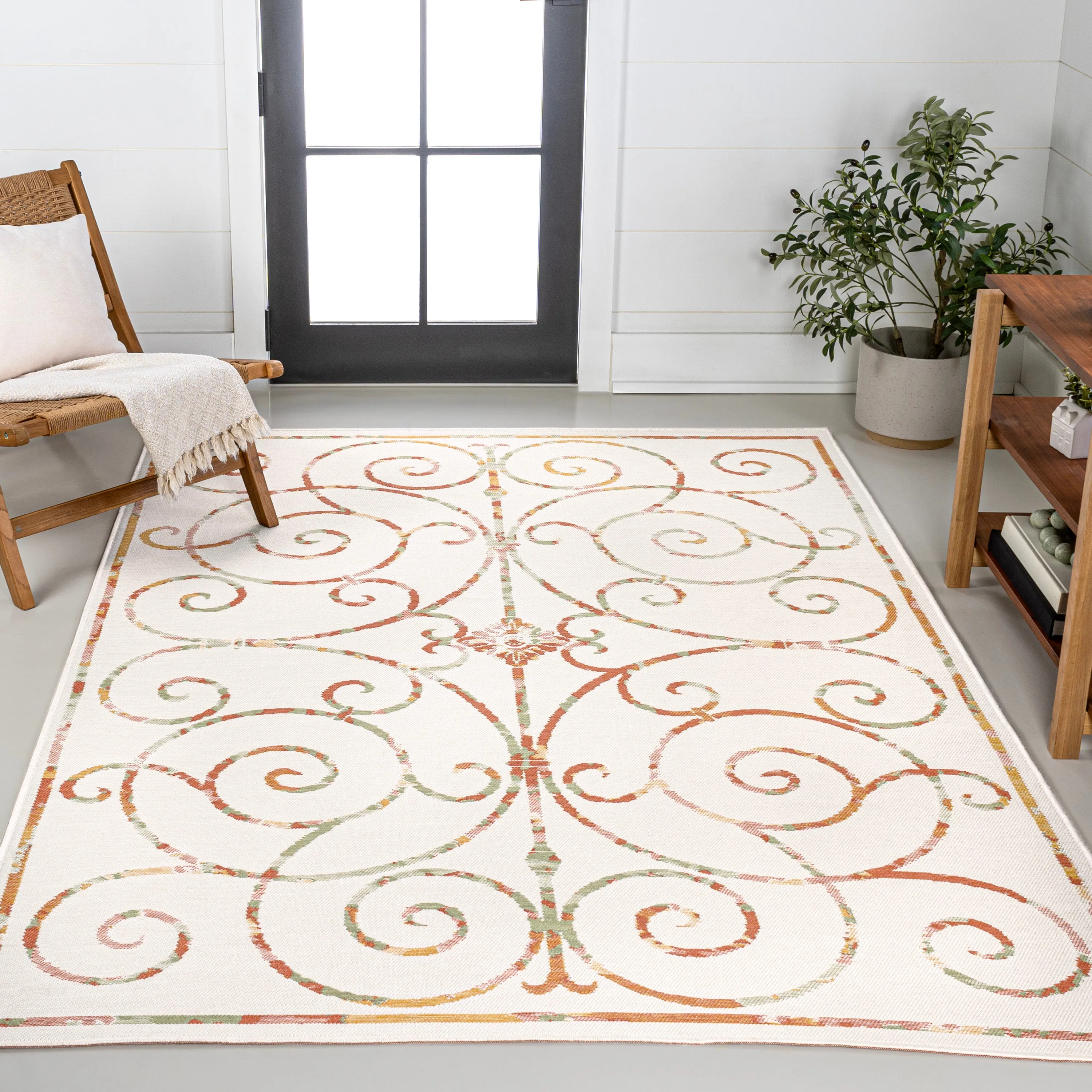 Danae Classic Cottage Filigree Scroll Reversible Machine-Washable Cream/Terra 5 ft. x 8 ft. Indoor/Outdoor Area Rug Jonathan Y Home