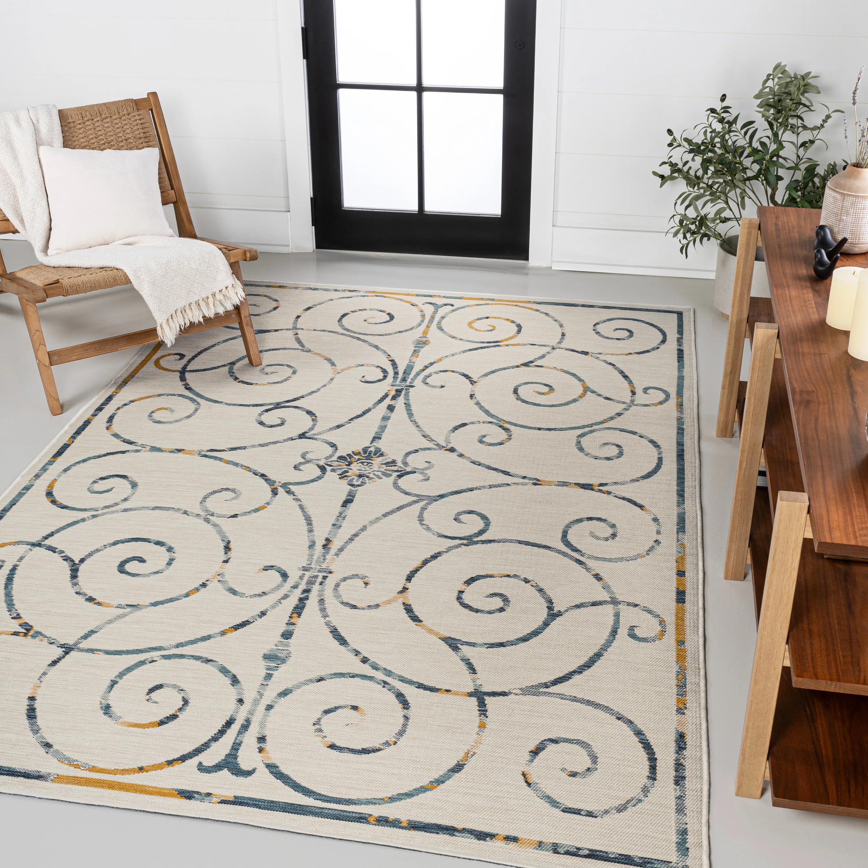 Danae Classic Cottage Filigree Scroll Reversible Machine-Washable Cream/Terra 5 ft. x 8 ft. Indoor/Outdoor Area Rug Jonathan Y Home