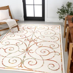 Danae Classic Cottage Filigree Scroll Reversible Machine-Washable Cream/Terra 5 ft. x 8 ft. Indoor/Outdoor Area Rug Jonathan Y Home