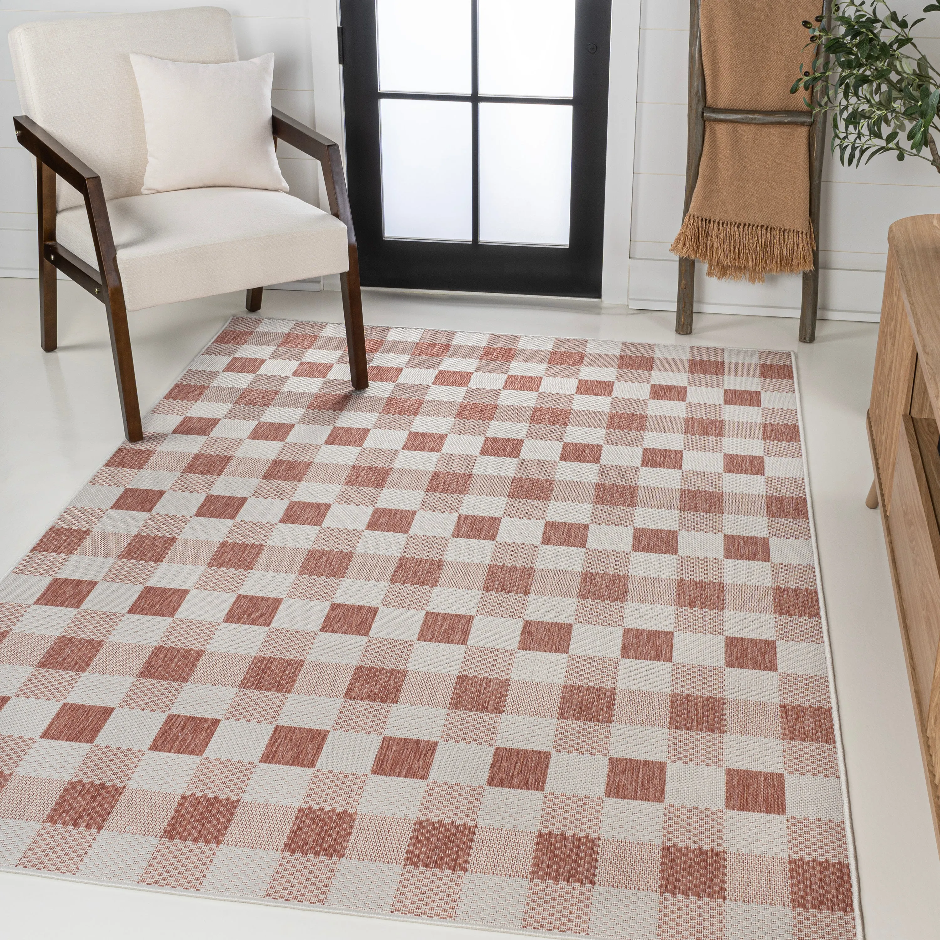 Darcy Traditional Geometric Bold Gingham Salmon/Cream Indoor/Outdoor Area Rug Jonathan Y Home