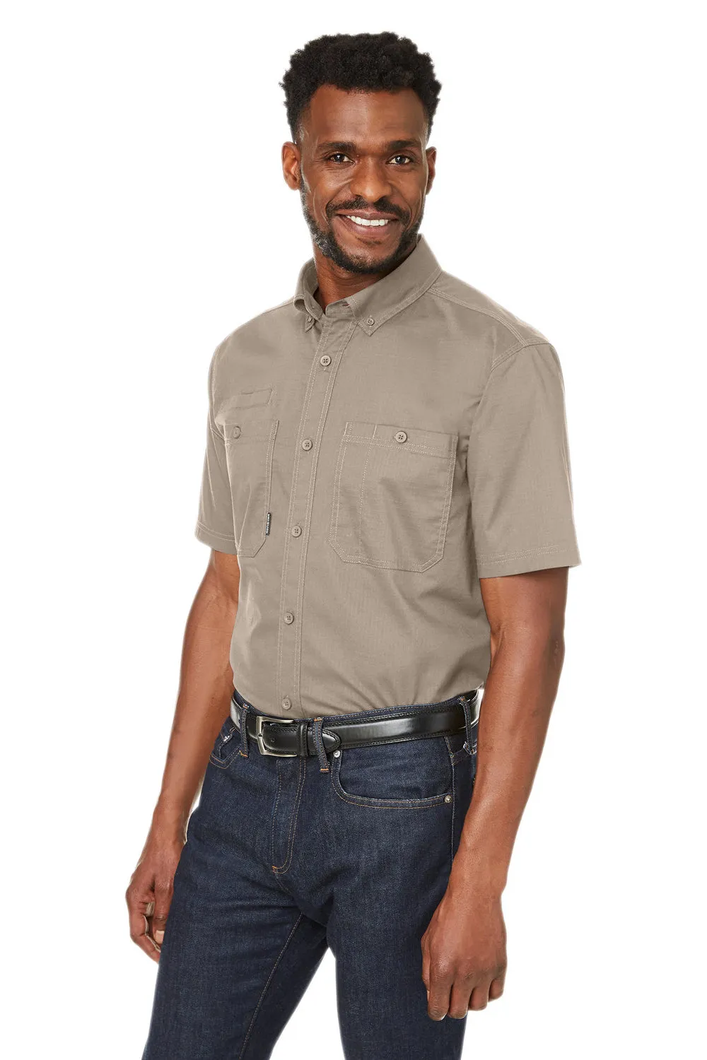 Dri Duck Mens Craftsman Ripstop Short Sleeve Button Down Shirt w/ Double Pockets - Rope Brown  Discount Clothing Dri-Duck