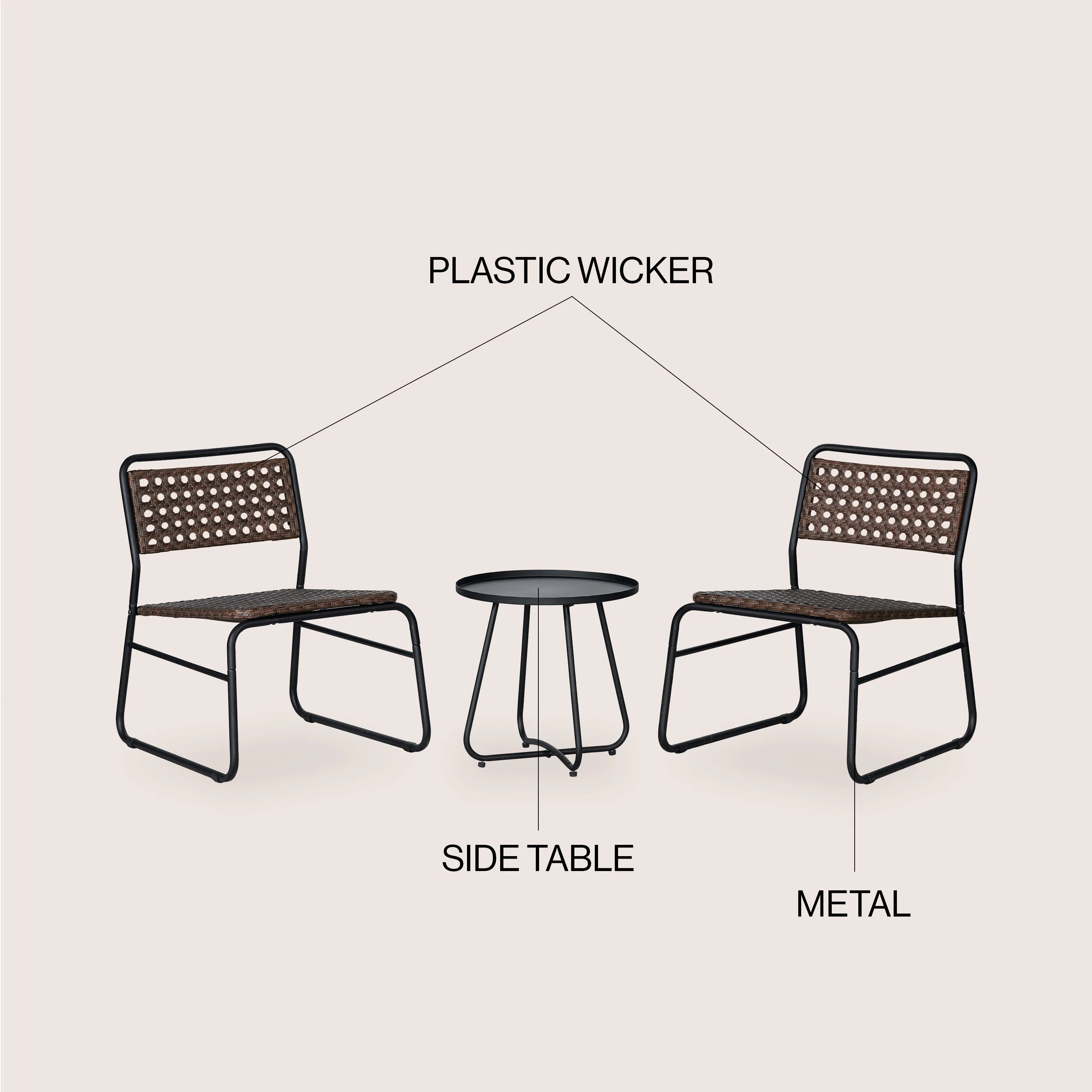 Freja 3-Piece Mid-Century Modern Faux Rattan Conversation Outdoor Patio Set, Black/Brown Jonathan Y Home