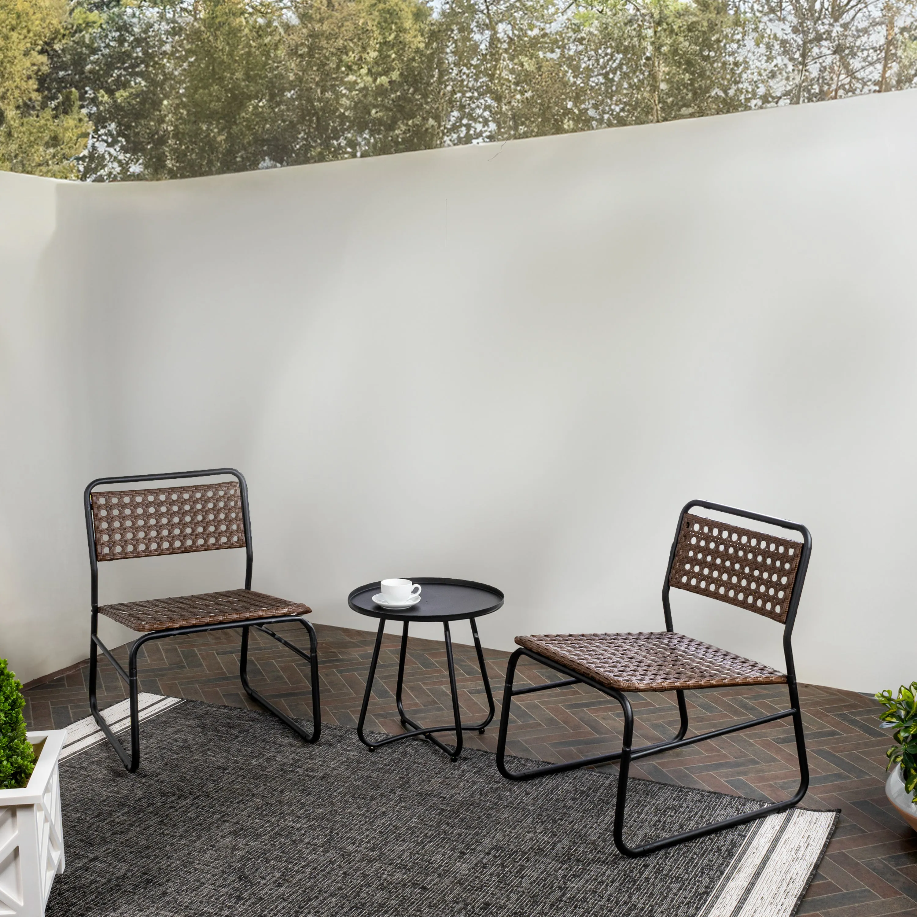 Freja 3-Piece Mid-Century Modern Faux Rattan Conversation Outdoor Patio Set, Black/Brown Jonathan Y Home