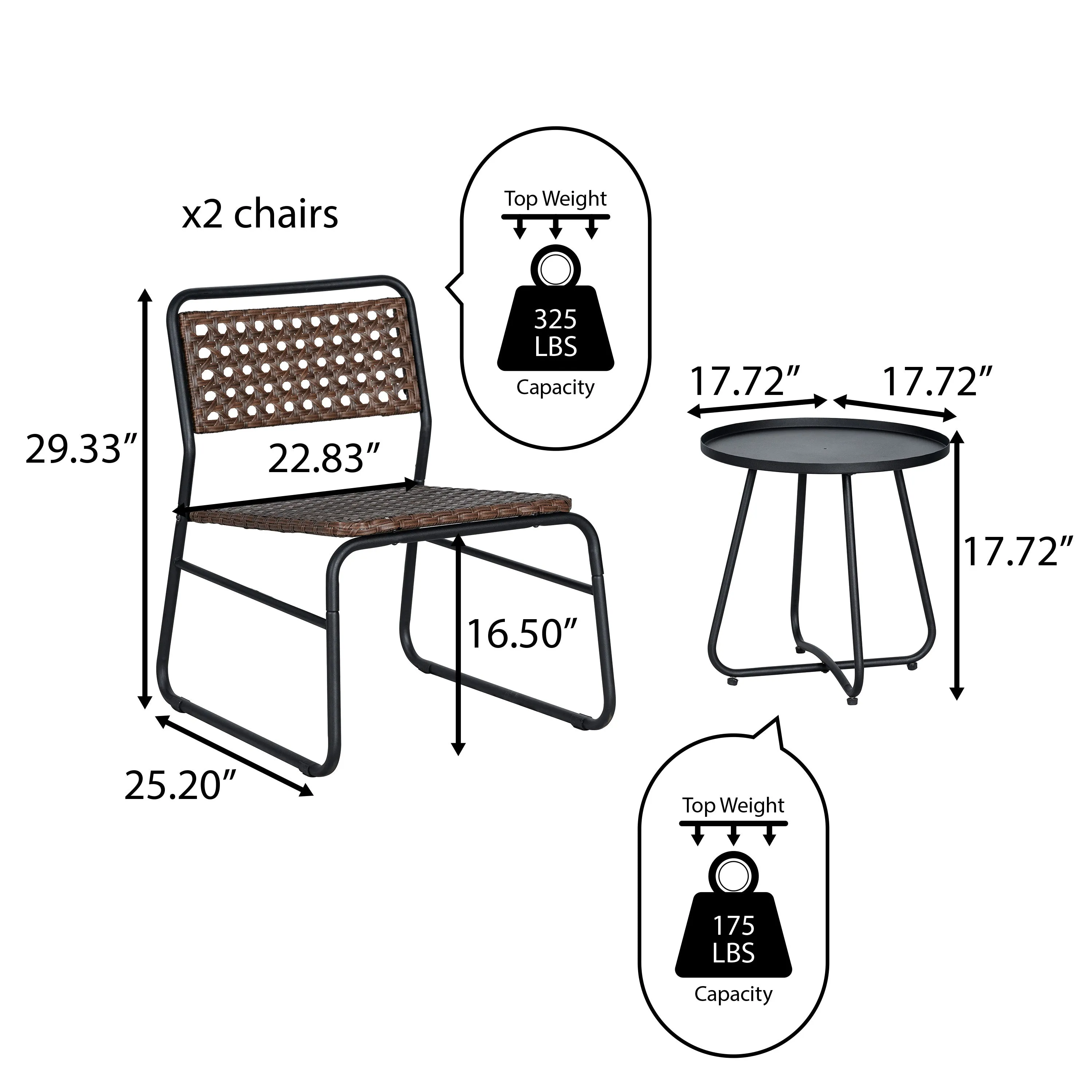 Freja 3-Piece Mid-Century Modern Faux Rattan Conversation Outdoor Patio Set, Black/Brown Jonathan Y Home