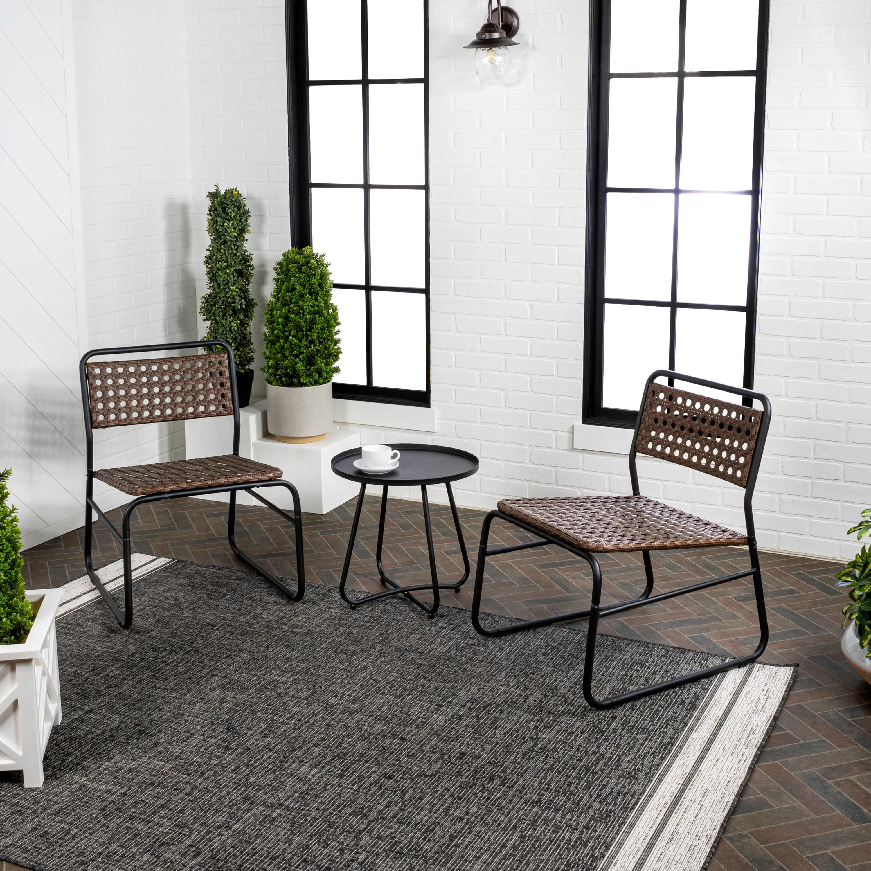Freja 3-Piece Mid-Century Modern Faux Rattan Conversation Outdoor Patio Set, Black/Brown Jonathan Y Home