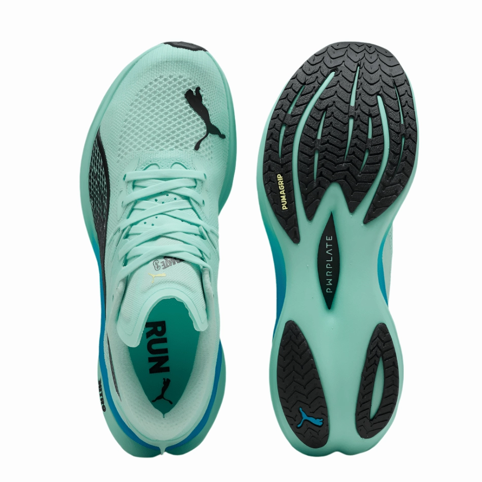 PUMA Men's Deviate NITRO 3 Running Shoes in Mint Melt/Speed Blue AW25 Puma responsive running shoes