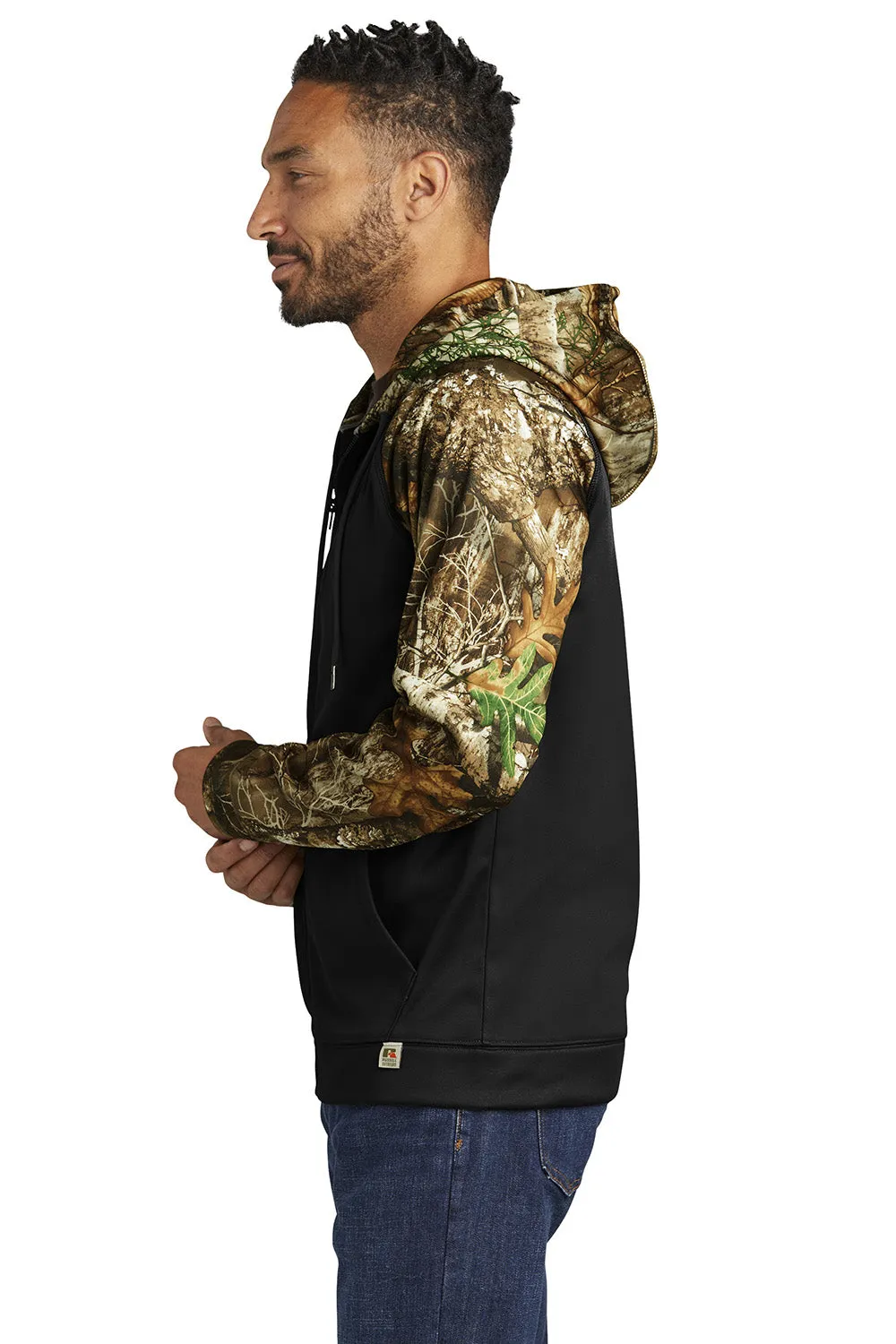 Russell Outdoors Mens Realtree Colorblock Moisture Wicking Full Zip Hooded Sweatshirt Hoodie w/ Pockets - Black/Realtree Edge Camo  Excellent quality Clothing Russell-Outdoors