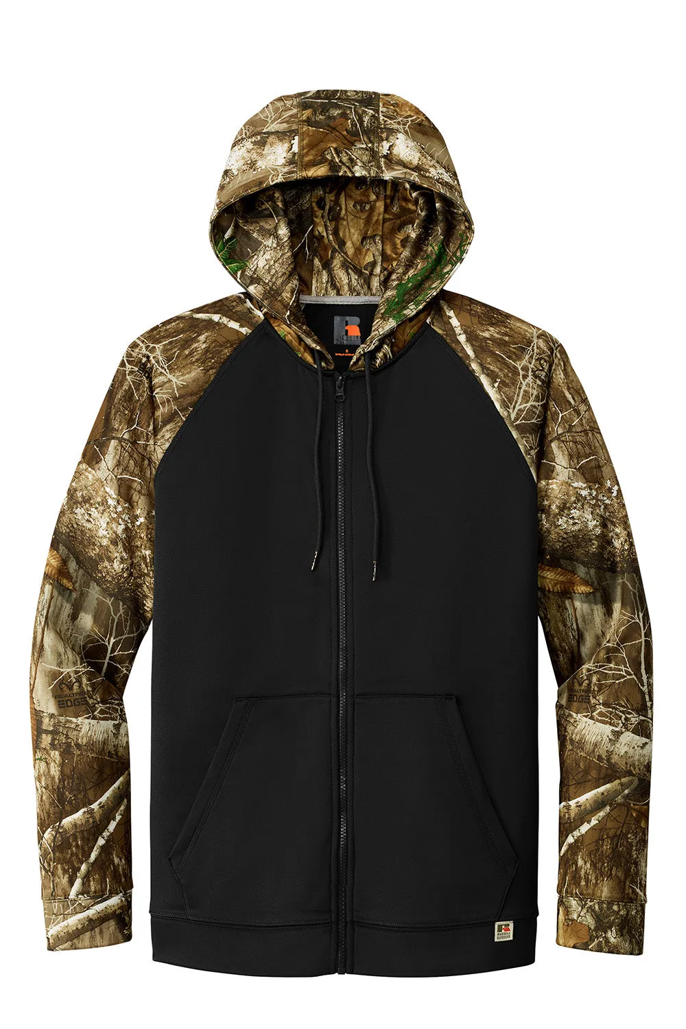 Russell Outdoors Mens Realtree Colorblock Moisture Wicking Full Zip Hooded Sweatshirt Hoodie w/ Pockets - Black/Realtree Edge Camo  Excellent quality Clothing Russell-Outdoors