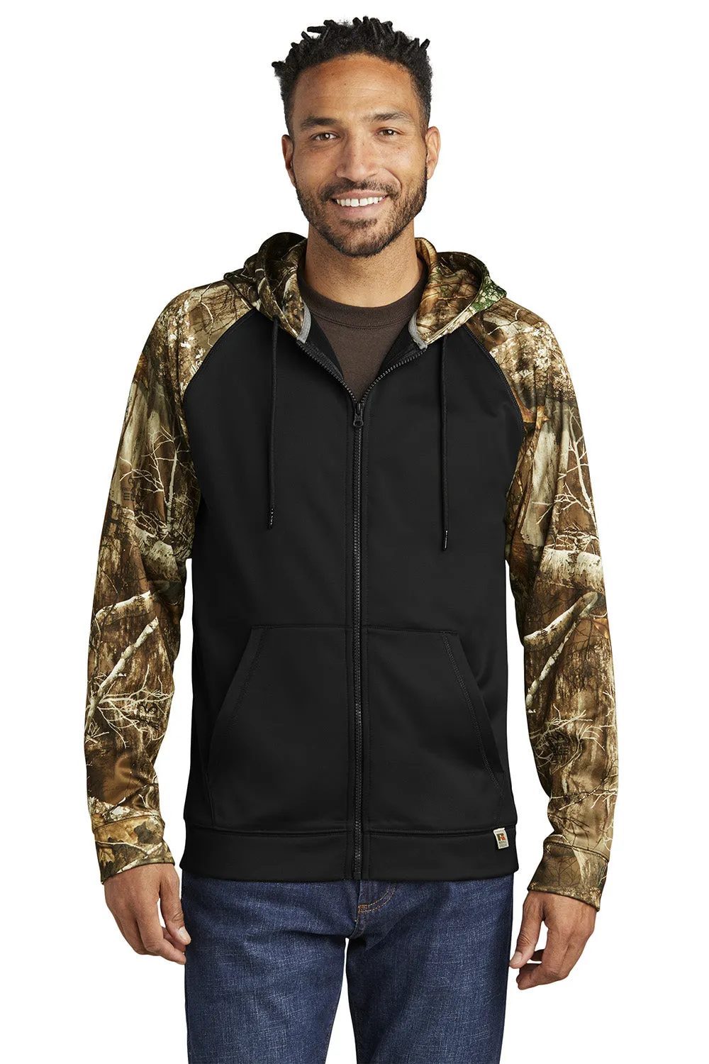 Russell Outdoors Mens Realtree Colorblock Moisture Wicking Full Zip Hooded Sweatshirt Hoodie w/ Pockets - Black/Realtree Edge Camo  Excellent quality Clothing Russell-Outdoors