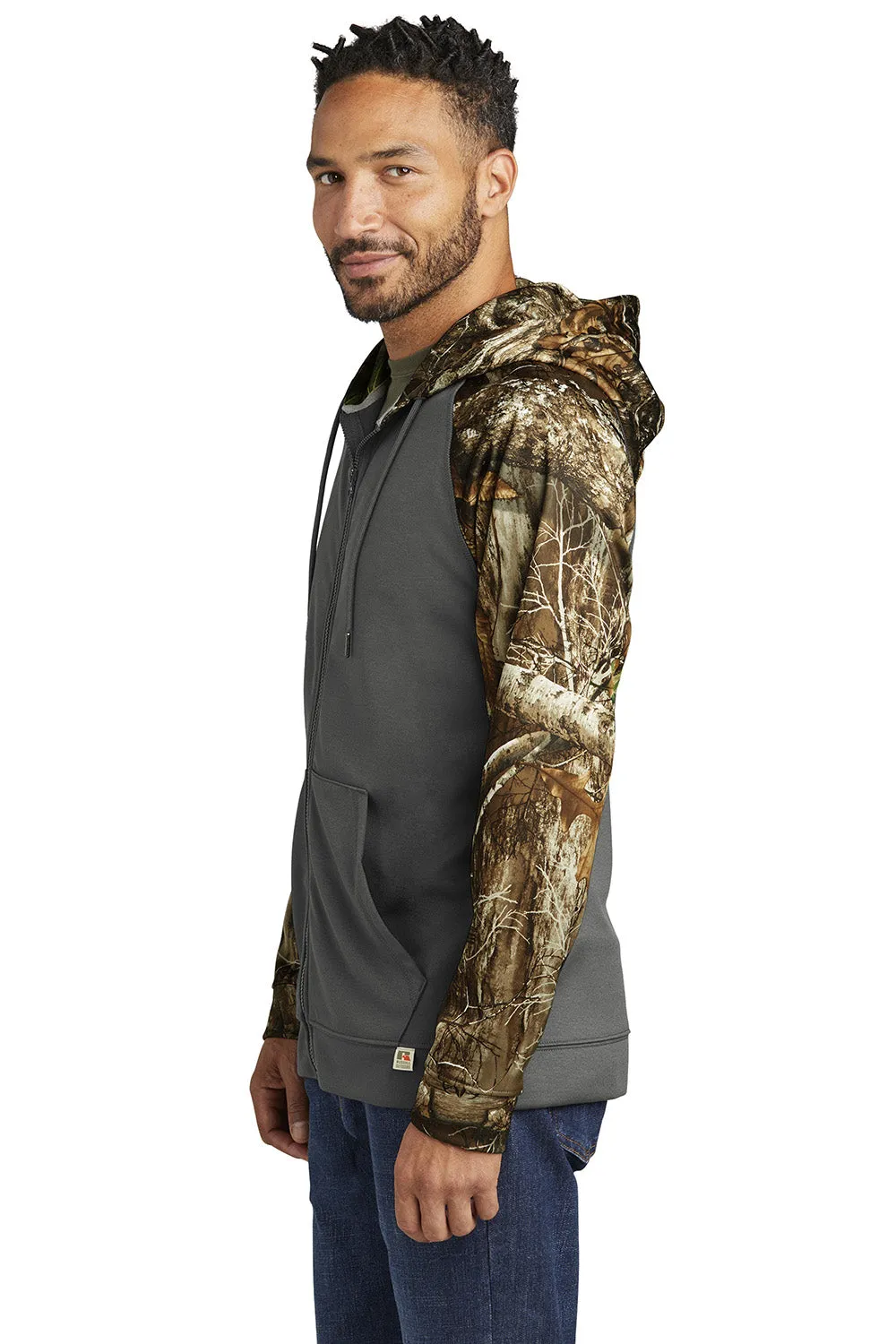 Russell Outdoors Mens Realtree Colorblock Moisture Wicking Full Zip Hooded Sweatshirt Hoodie w/ Pockets - Magnet Grey/Realtree Edge Camo  Excellent quality Clothing Russell-Outdoors