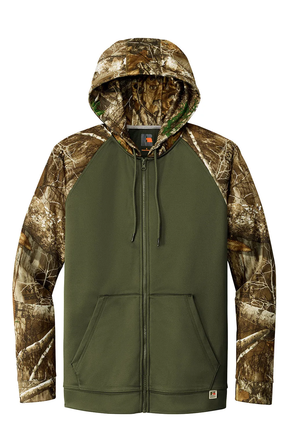 Russell Outdoors Mens Realtree Colorblock Moisture Wicking Full Zip Hooded Sweatshirt Hoodie w/ Pockets - Olive Drab Green/Realtree Edge Camo  Excellent quality Clothing Russell-Outdoors