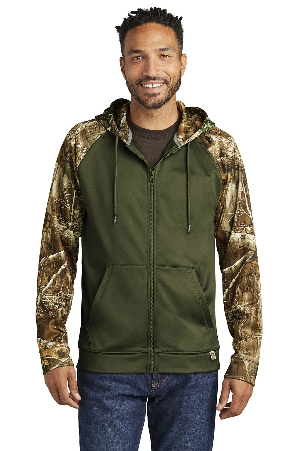 Russell Outdoors Mens Realtree Colorblock Moisture Wicking Full Zip Hooded Sweatshirt Hoodie w/ Pockets - Olive Drab Green/Realtree Edge Camo  Excellent quality Clothing Russell-Outdoors