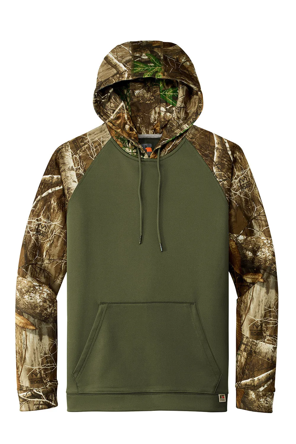 Russell Outdoors Mens Realtree Colorblock Moisture Wicking Hooded Sweatshirt Hoodie w/ Pouch Pocket - Olive Drab Green/Realtree Edge Camo  Excellent quality Clothing Russell-Outdoors