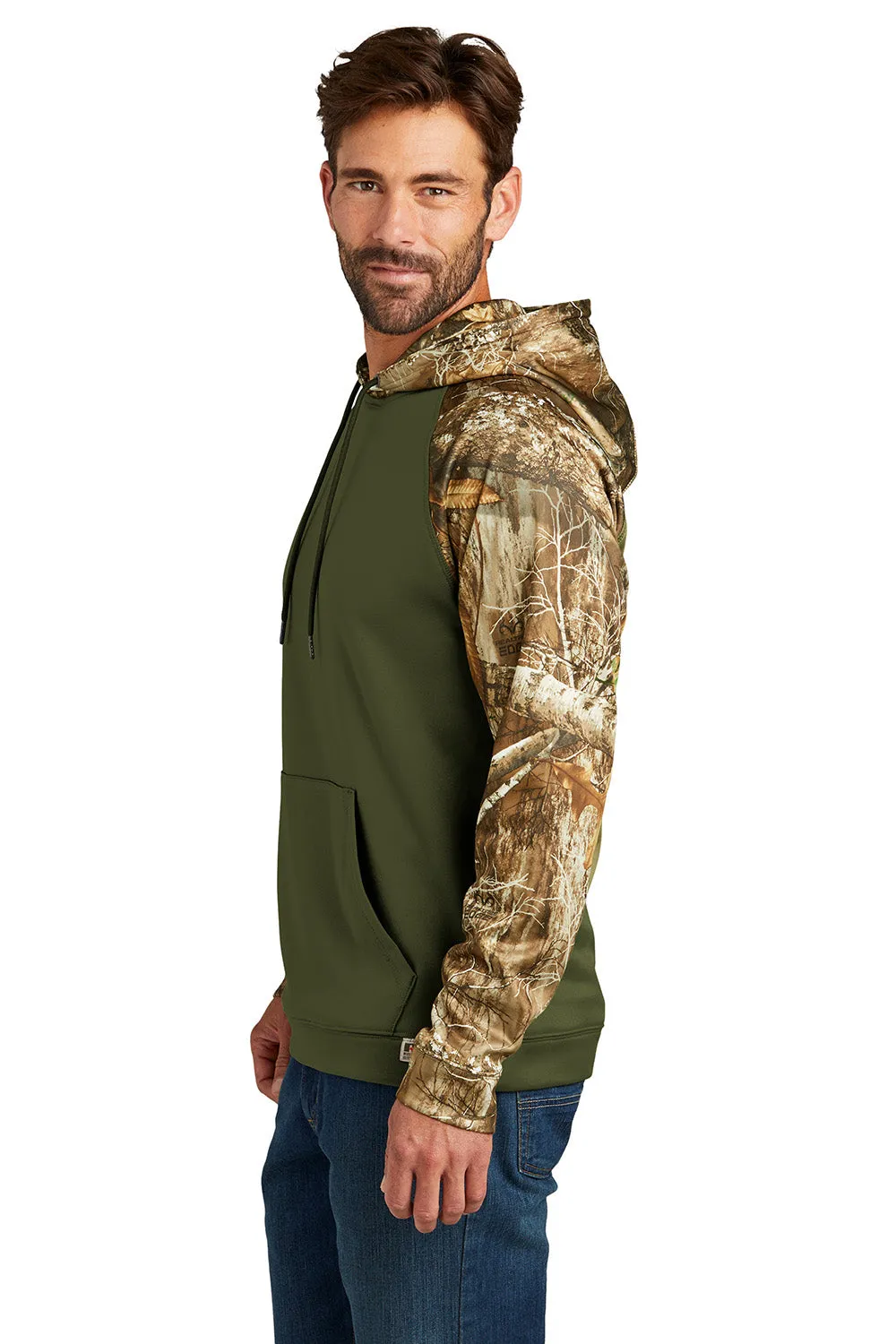 Russell Outdoors Mens Realtree Colorblock Moisture Wicking Hooded Sweatshirt Hoodie w/ Pouch Pocket - Olive Drab Green/Realtree Edge Camo  Excellent quality Clothing Russell-Outdoors