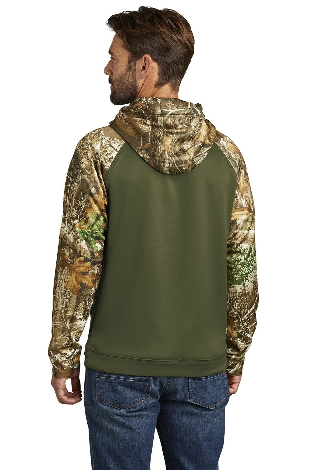 Russell Outdoors Mens Realtree Colorblock Moisture Wicking Hooded Sweatshirt Hoodie w/ Pouch Pocket - Olive Drab Green/Realtree Edge Camo  Excellent quality Clothing Russell-Outdoors
