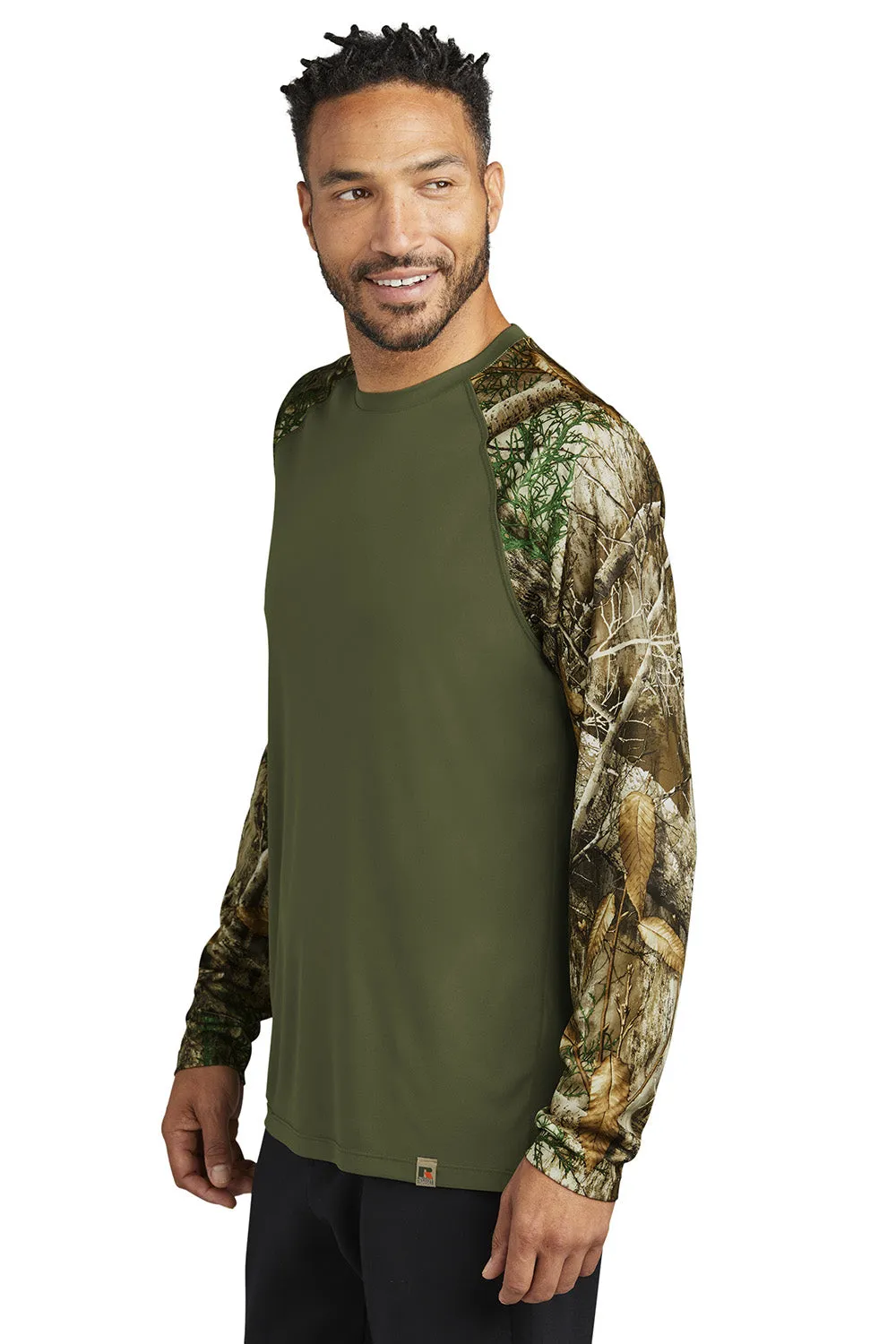 Russell Outdoors Mens Realtree Colorblock Moisture Wicking Long Sleeve Crewneck T-Shirt - Olive Drab Green/Realtree Edge Camo  Excellent quality Clothing Russell-Outdoors