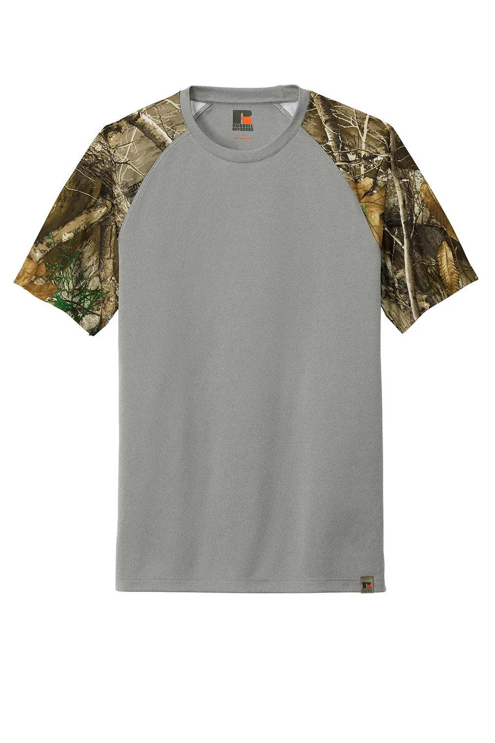 Russell Outdoors Mens Realtree Colorblock Moisture Wicking Short Sleeve Crewneck T-Shirt - Heather Concrete Grey/Realtree Edge Camo  Excellent quality Clothing Russell-Outdoors