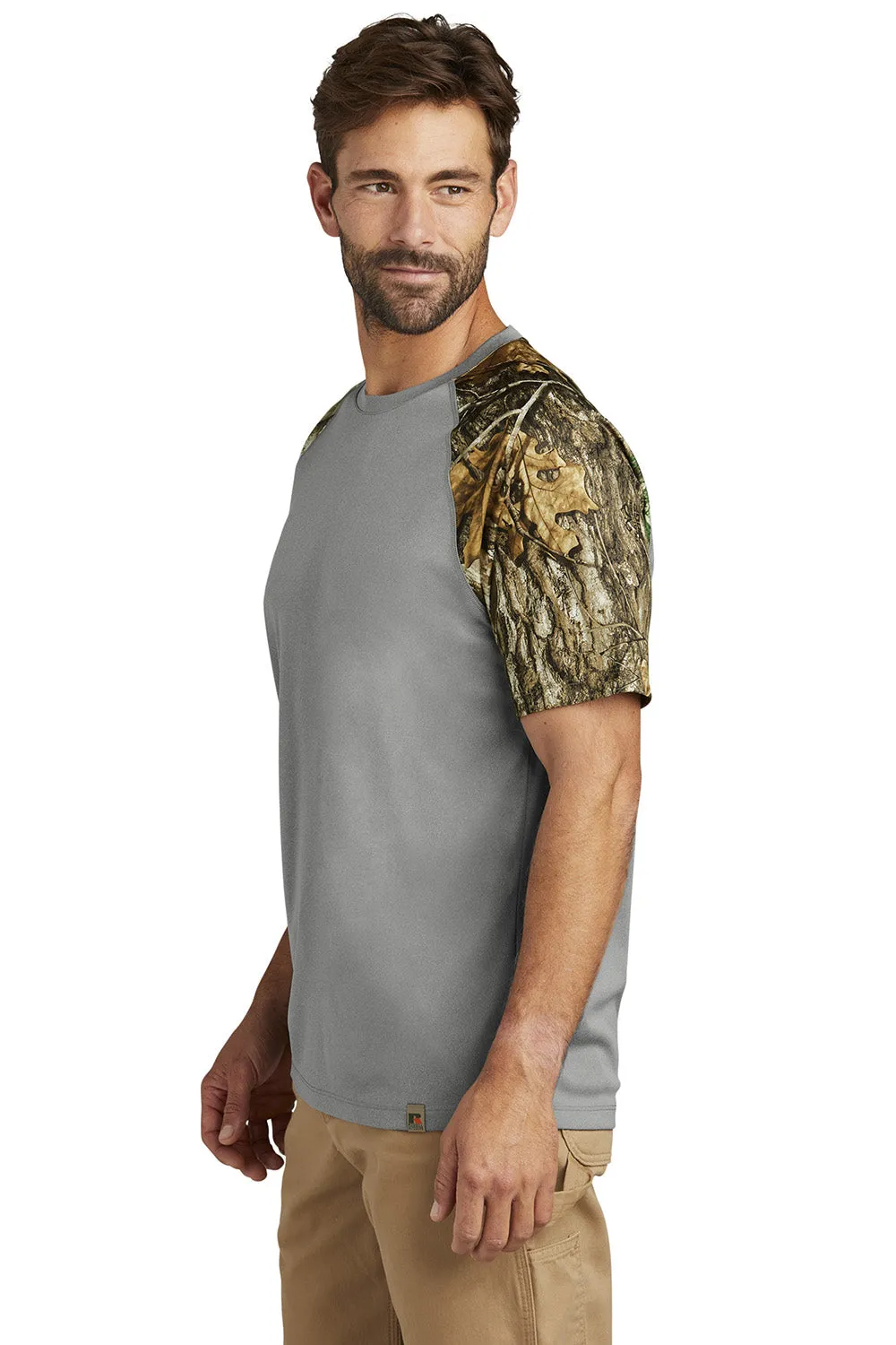 Russell Outdoors Mens Realtree Colorblock Moisture Wicking Short Sleeve Crewneck T-Shirt - Heather Concrete Grey/Realtree Edge Camo  Excellent quality Clothing Russell-Outdoors
