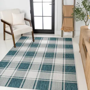 Sabine Traditional Farmhouse Bold Gingham Turquoise/Cream Indoor/Outdoor Area Rug Jonathan Y Home