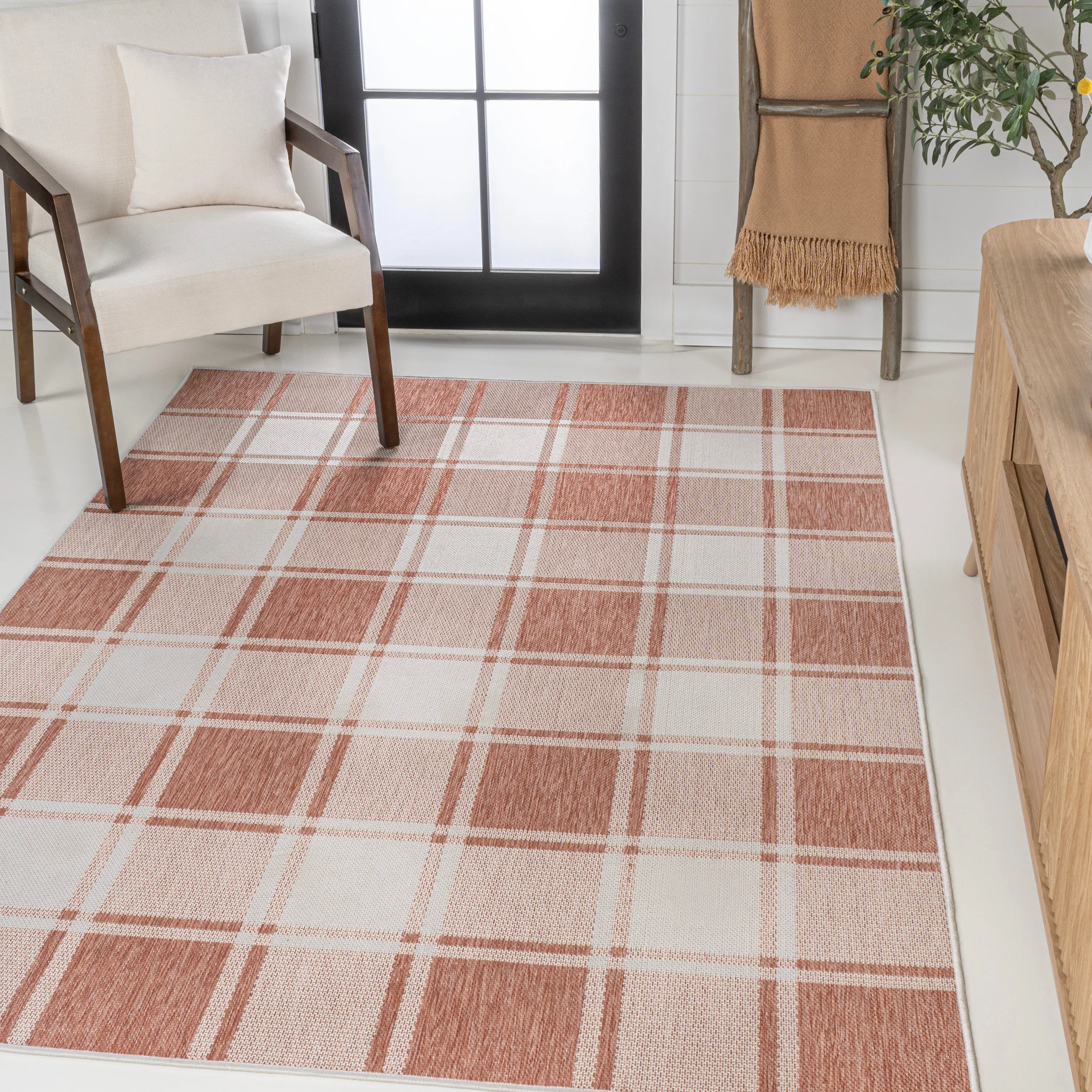 Sabine Traditional Farmhouse Bold Gingham Turquoise/Cream Indoor/Outdoor Area Rug Jonathan Y Home