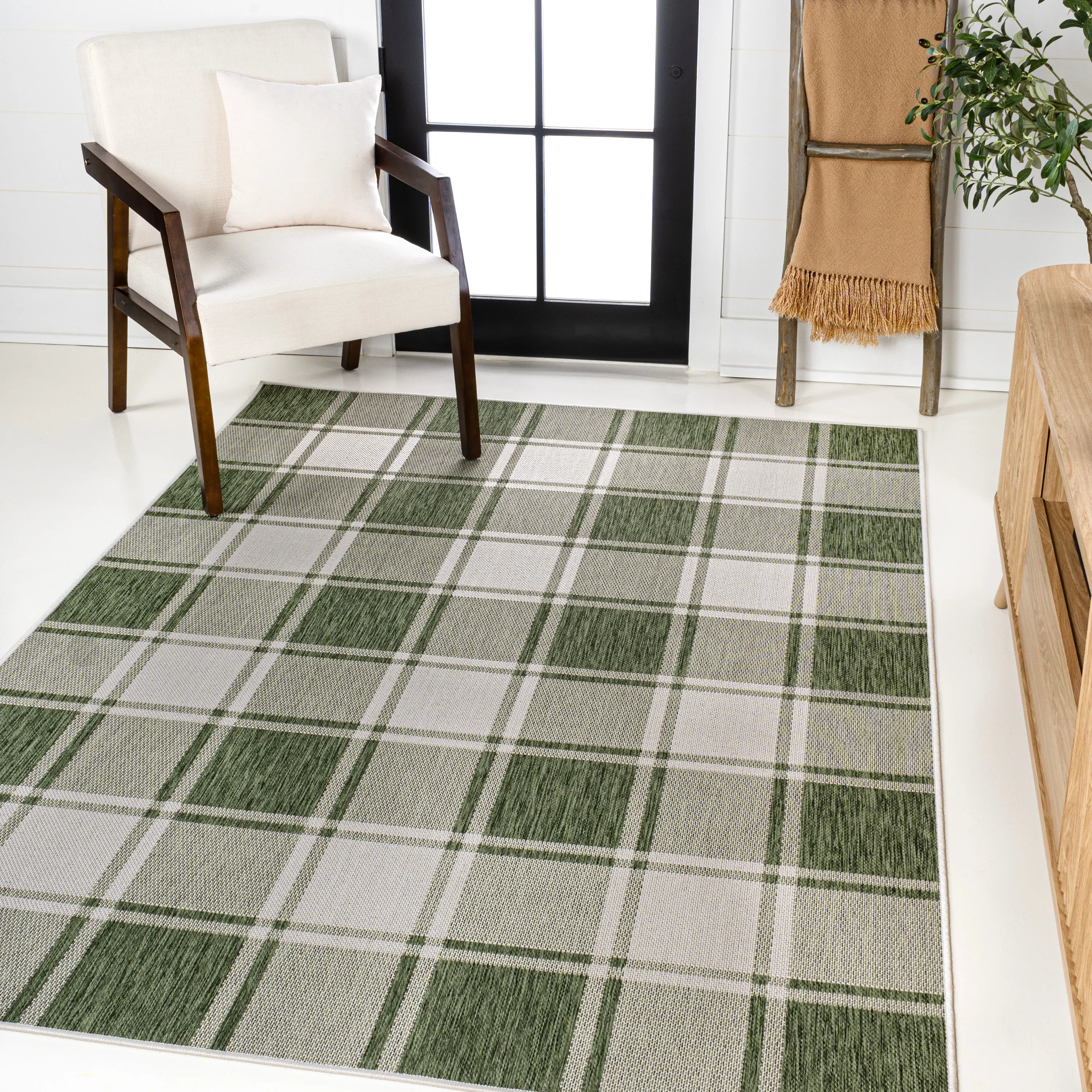 Sabine Traditional Farmhouse Bold Gingham Turquoise/Cream Indoor/Outdoor Area Rug Jonathan Y Home