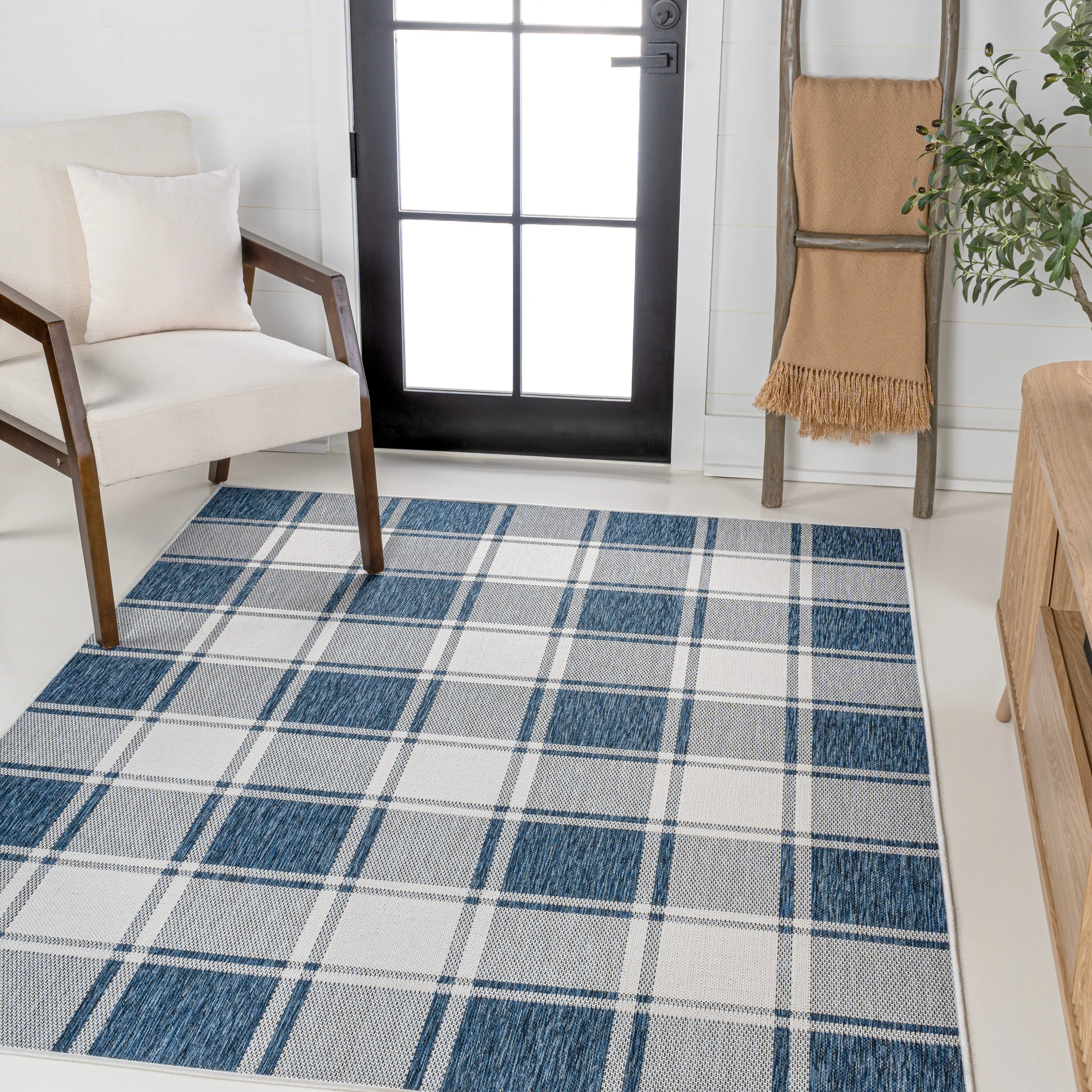 Sabine Traditional Farmhouse Bold Gingham Turquoise/Cream Indoor/Outdoor Area Rug Jonathan Y Home
