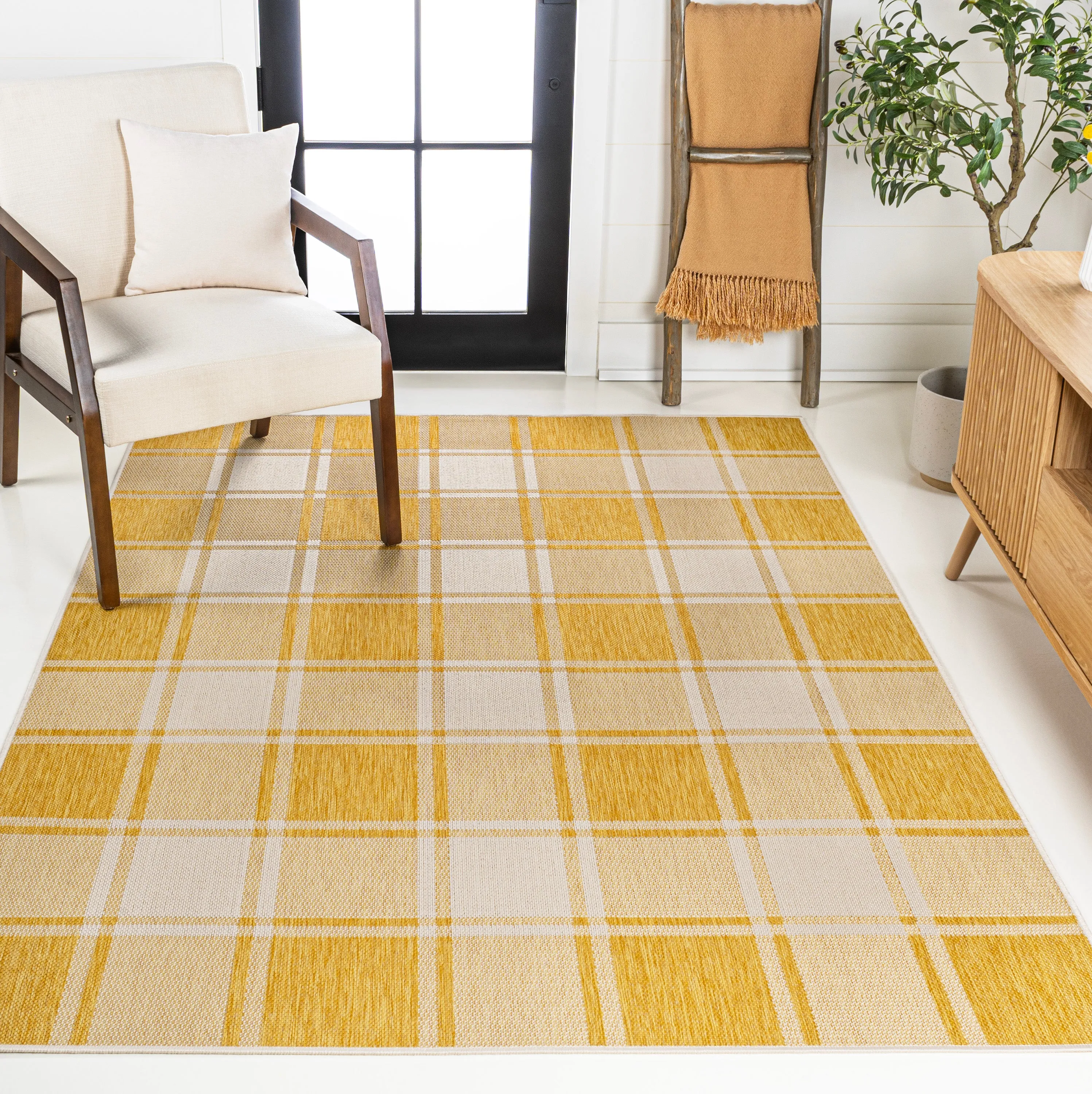 Sabine Traditional Farmhouse Bold Gingham Turquoise/Cream Indoor/Outdoor Area Rug Jonathan Y Home