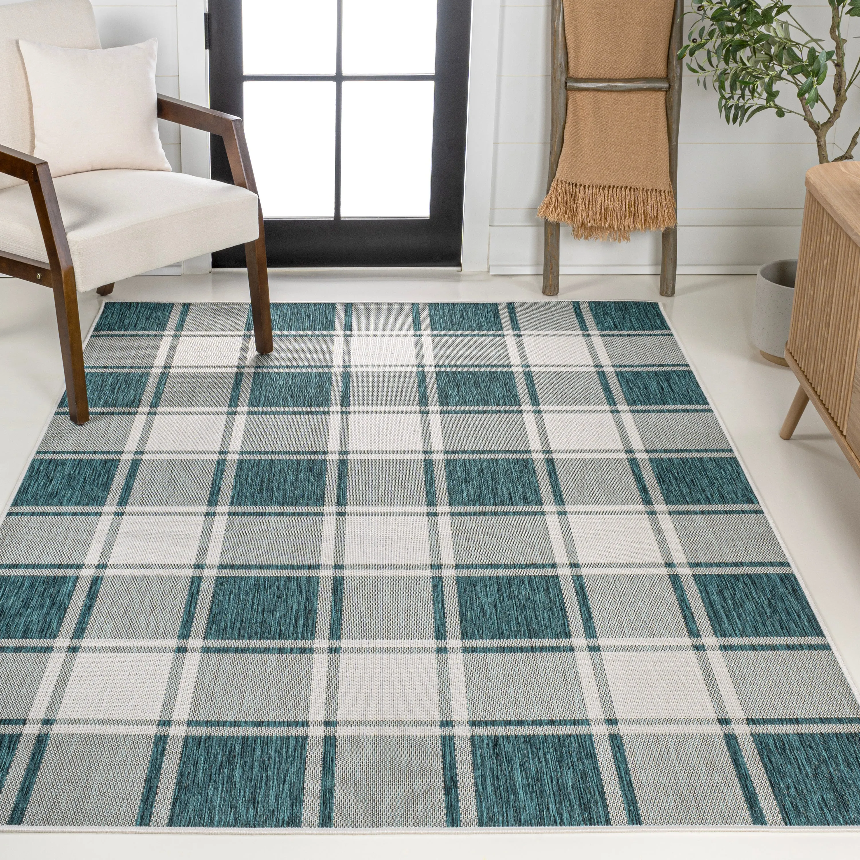 Sabine Traditional Farmhouse Bold Gingham Turquoise/Cream Indoor/Outdoor Area Rug Jonathan Y Home