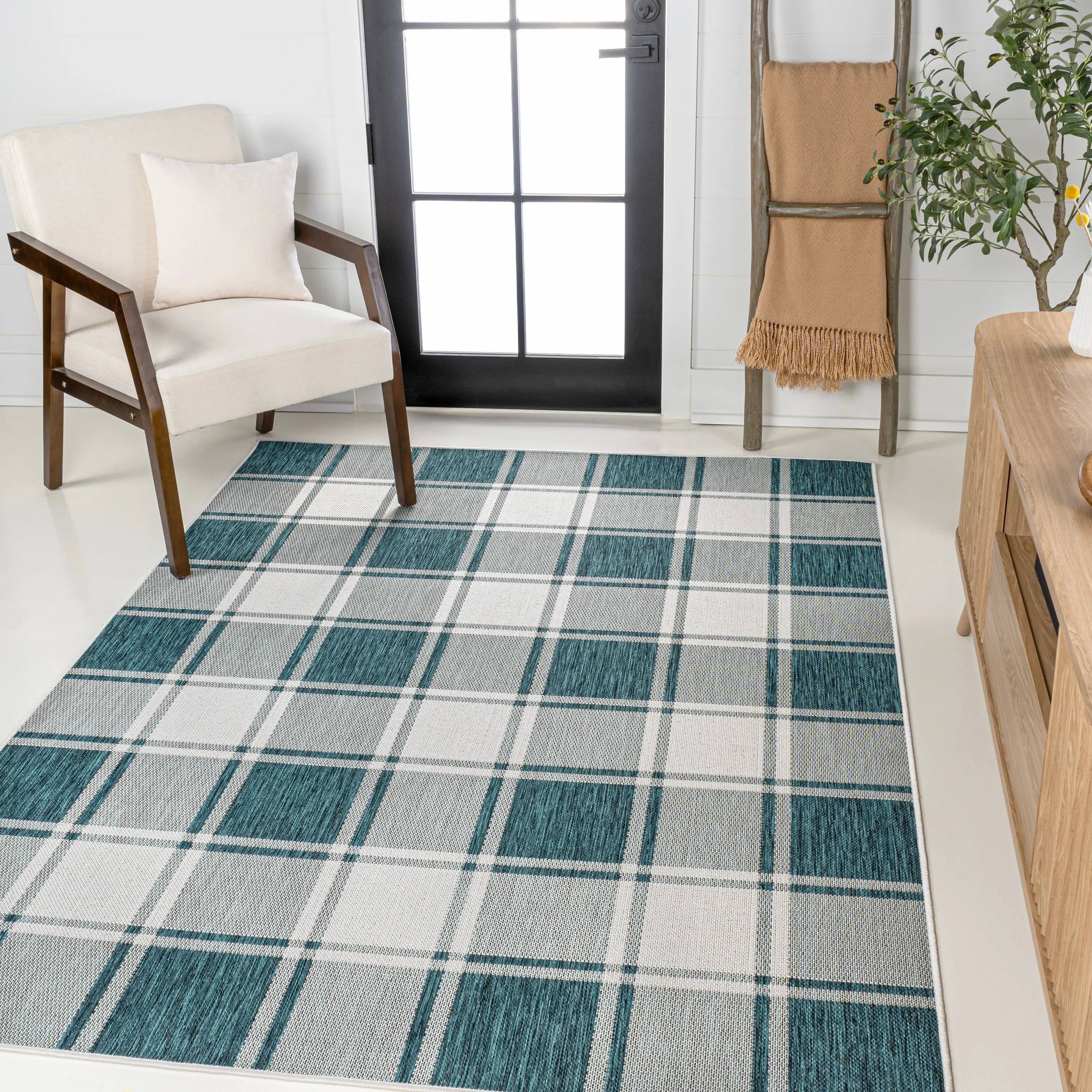 Sabine Traditional Farmhouse Bold Gingham Turquoise/Cream Indoor/Outdoor Area Rug Jonathan Y Home