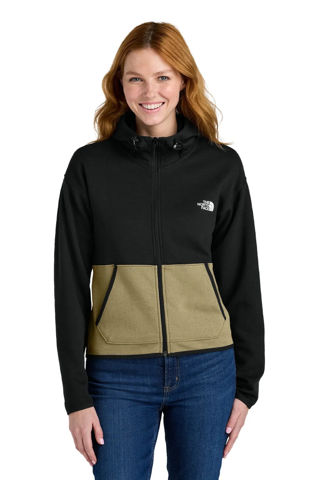 The North Face Womens Double Knit Full Zip Hooded Sweatshirt Hoodie w/ Pockets - Khaki Stone/Black Clothing The-North-Face