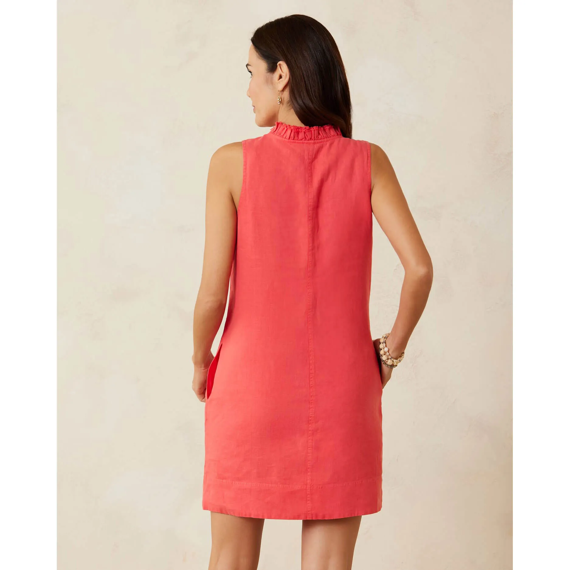 Tommy Bahama Women's Two Palms Double Ruffle Linen Dress - Bright Coral Tommy Bahama Clothing