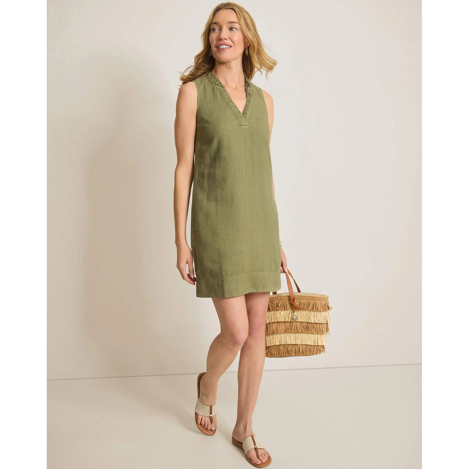 Tommy Bahama Women's Two Palms Double Ruffle Linen Dress - Dark Fern Tommy Bahama Clothing