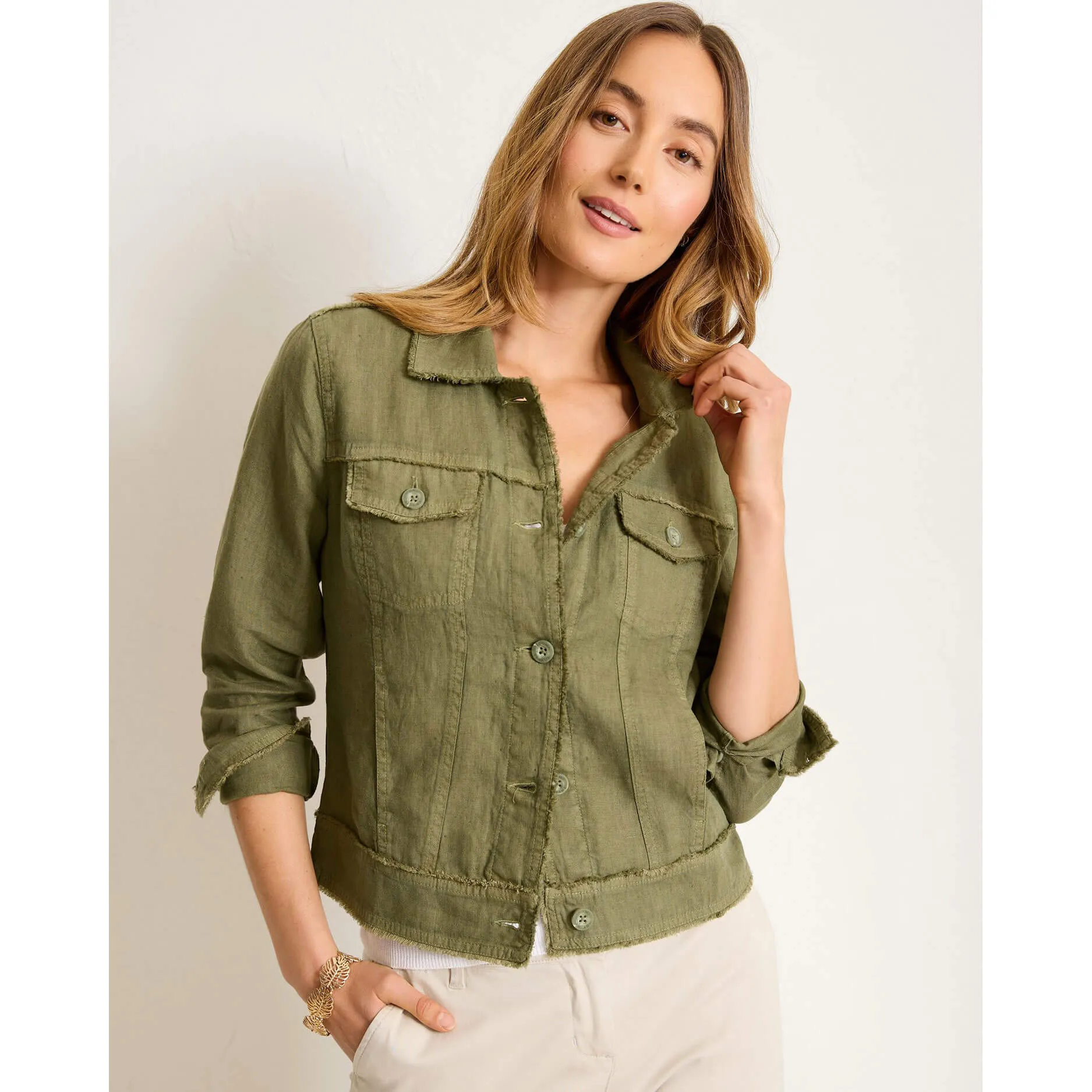 Tommy Bahama Women's Two Palms Raw Edge Linen Jacket - Dark Fern Tommy Bahama Clothing