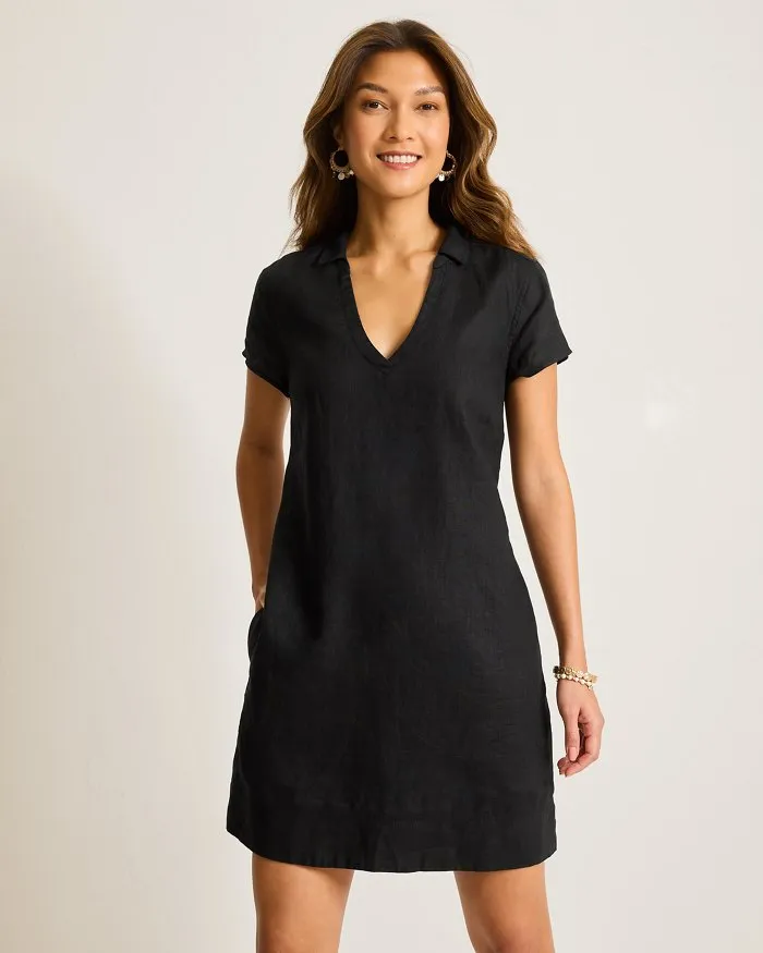 Tommy Bahama Women's Two Palms Short Sleeve Collared Linen Dress - Black Tommy Bahama Clothing
