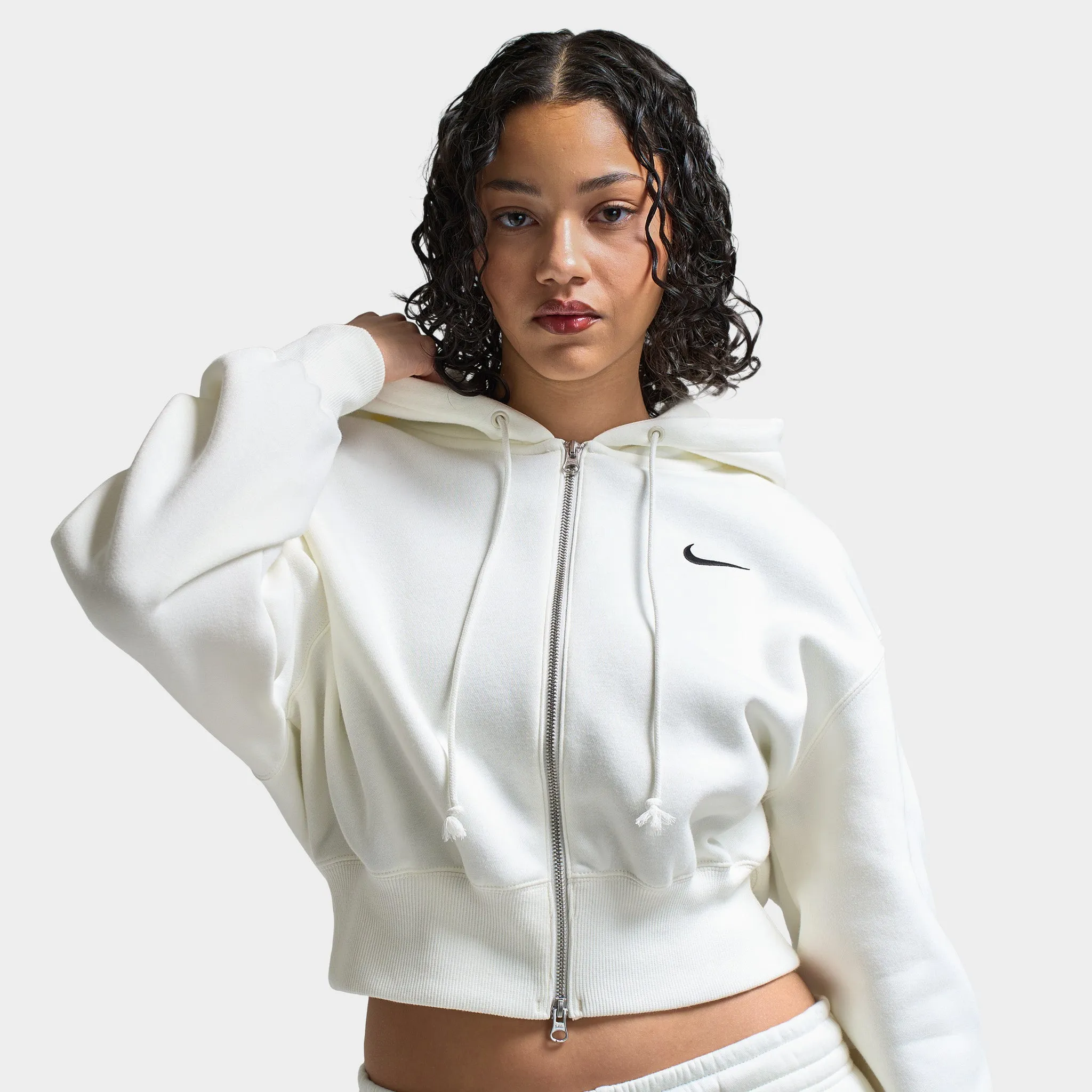 Womens Nike Nike Sportswear Women's Phoenix Fleece Loose Crop Full Zip Hoodie Sail / Black