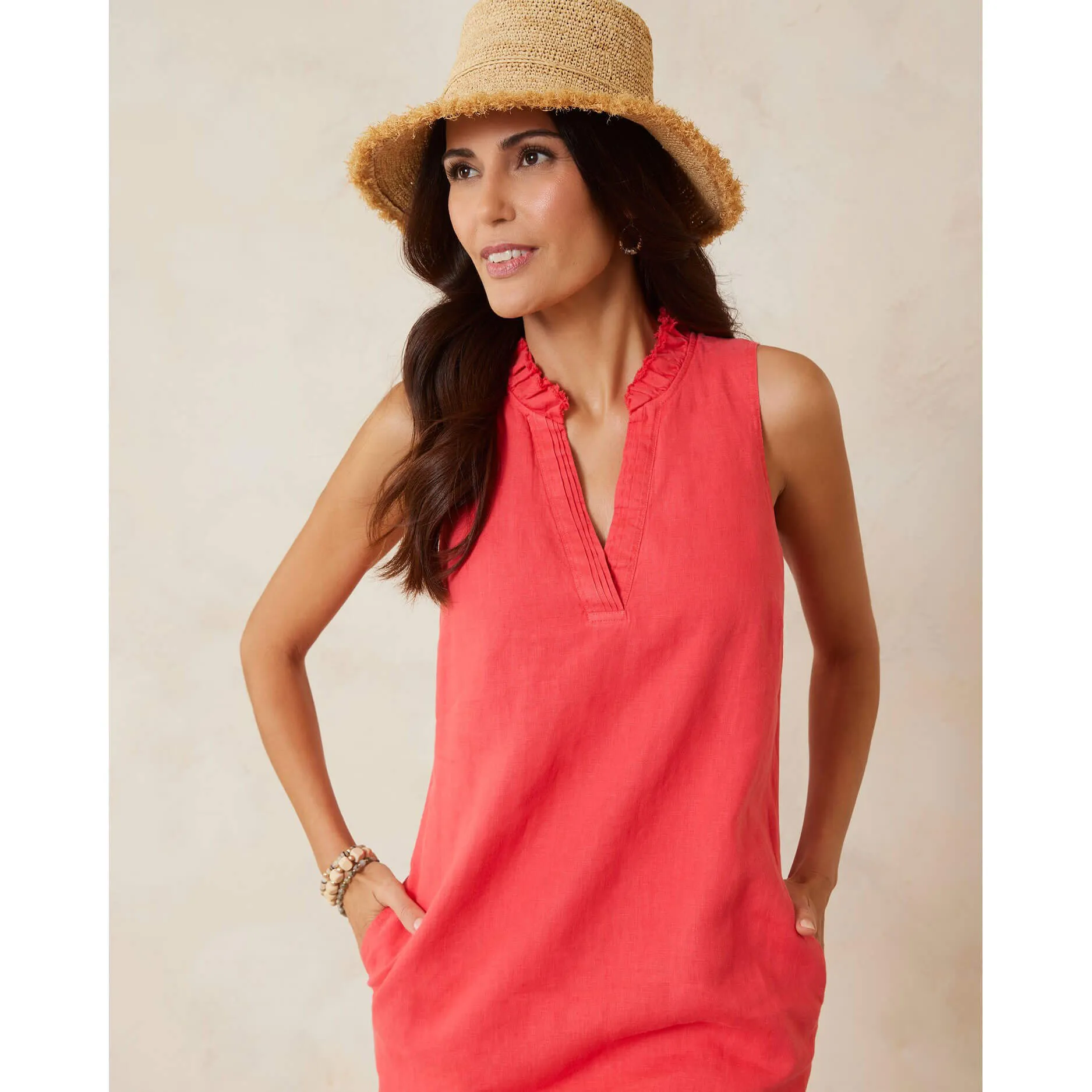 Womens Tommy Bahama Sportswear Tommy Bahama Women's Two Palms Double Ruffle Linen Dress - Bright Coral