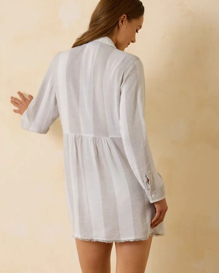 Womens Tommy Bahama Swimwear Tommy Bahama Rugby Beach Stripe Boyfriend Shirt Dress Coverup - Med Khaki