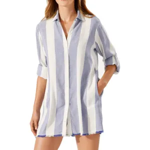 Womens Tommy Bahama Swimwear Tommy Bahama Rugby Beach Stripe Boyfriend Shirt Dress Coverup - White