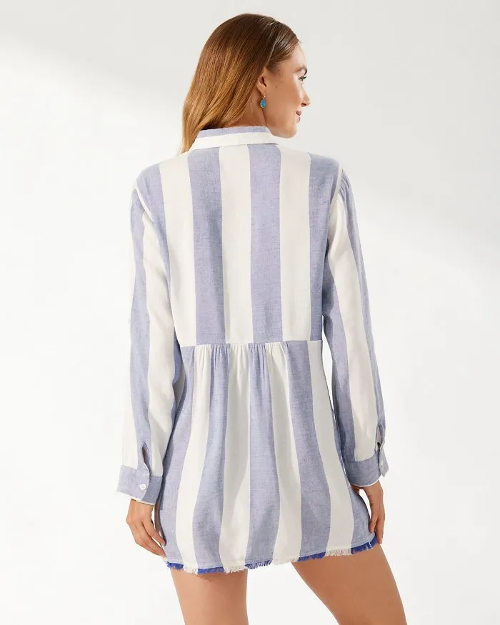 Womens Tommy Bahama Swimwear Tommy Bahama Rugby Beach Stripe Boyfriend Shirt Dress Coverup - White